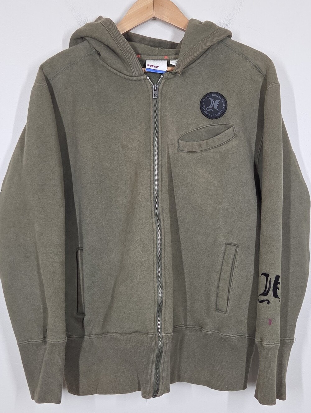 Vtg Y2K Hurley Olive Green Zip Hoodie Embroidered Stars Studded L Skater Grunge